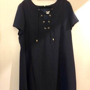 Classic navy blue dress with unique laced neckline